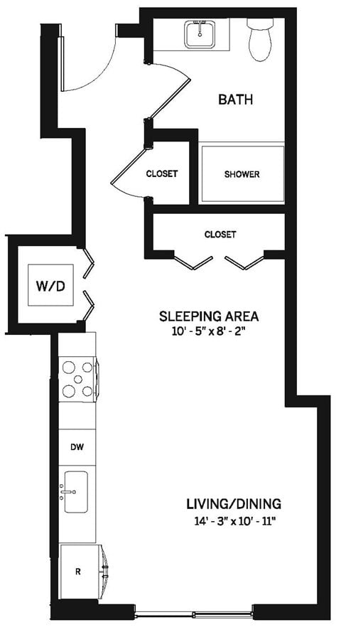 Floor plan for studio, 1 bath, 455 sqft